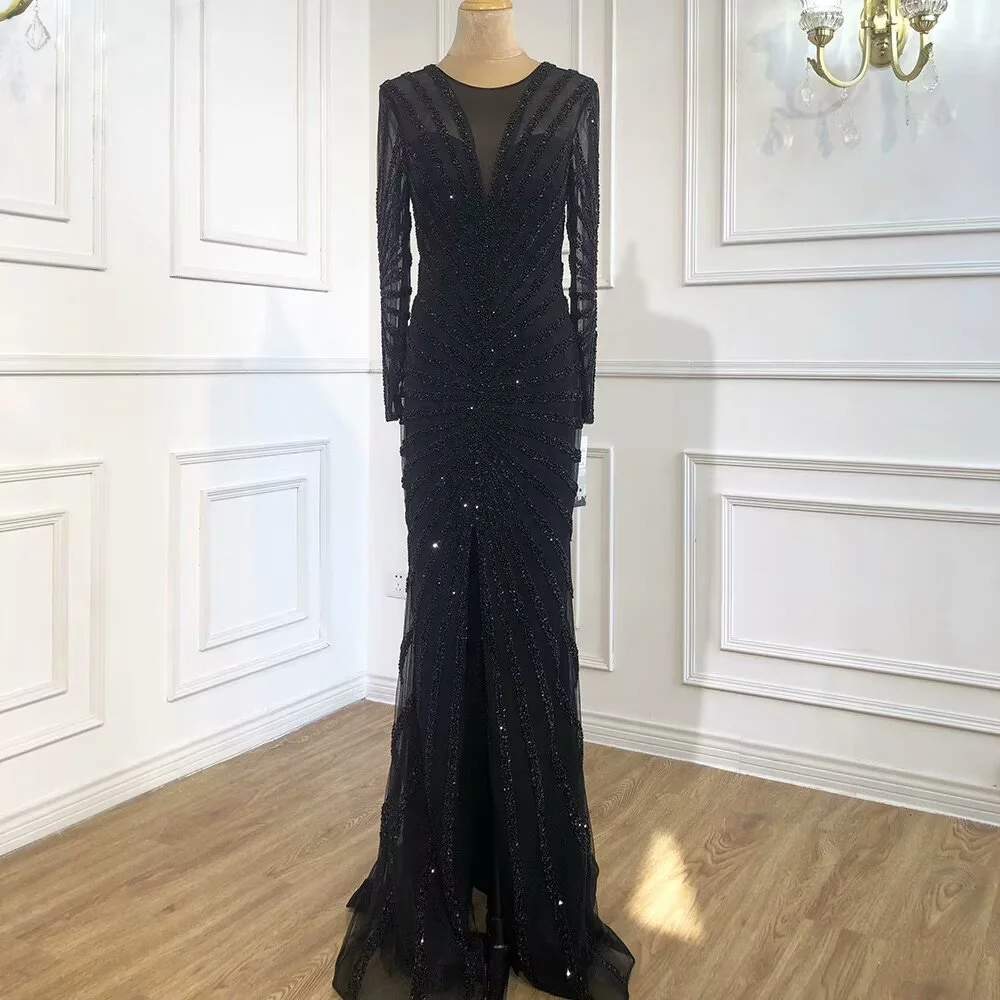 Okdais Sexy Black Sequin Prom Dress Long Sleeve V Neck High Slit Mermaid LM0033