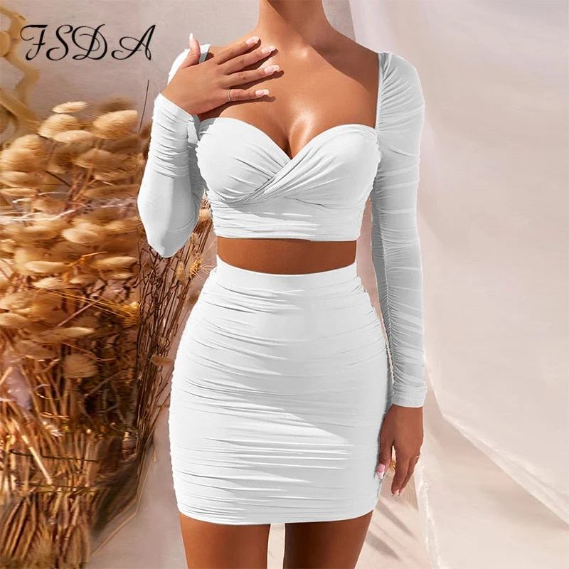 2022 Two Piece Set Long Sleeve Crop Top And Bodycon Mini Skirt Ruched Women Set Autumn Sexy White Club Outfit Party