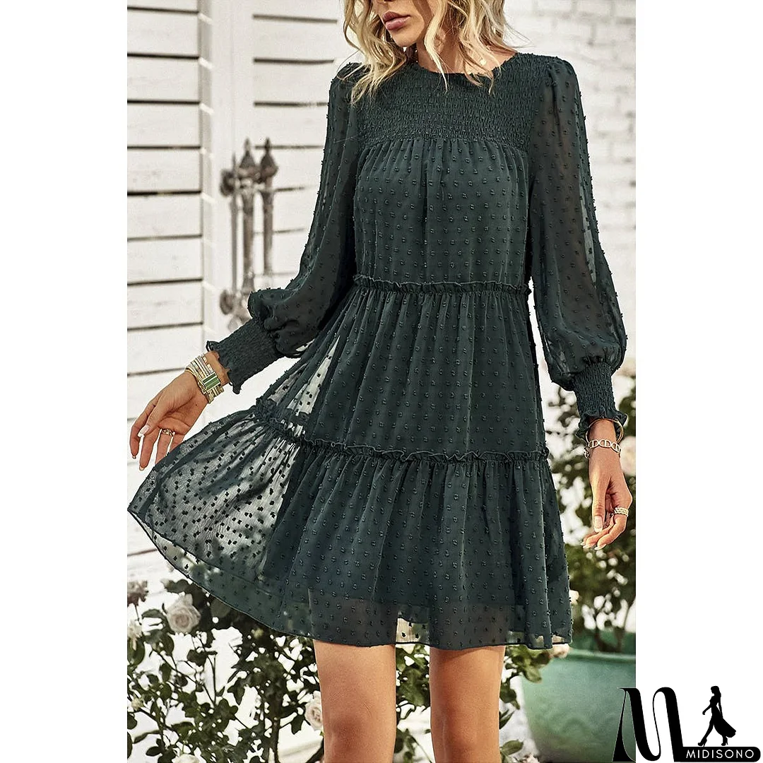 MidiSono - Dot Solid Ruched Color Block Ruffle Lined Midi Dress