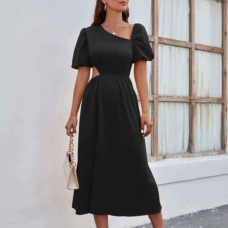 Women's Hollow Out High Waist Short Puff Sleeve Midi Sexy Dress