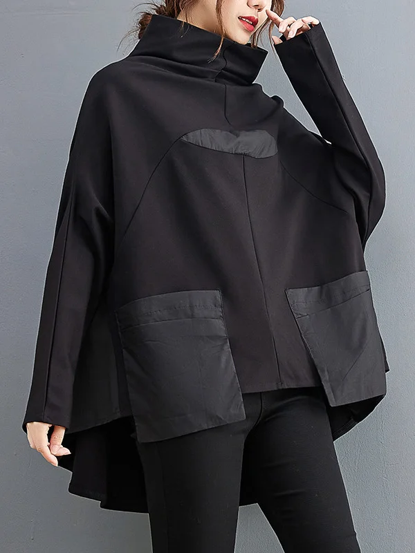 Casual Loose Split-Joint High-Neck Long Batwing Sleeves T-Shirt