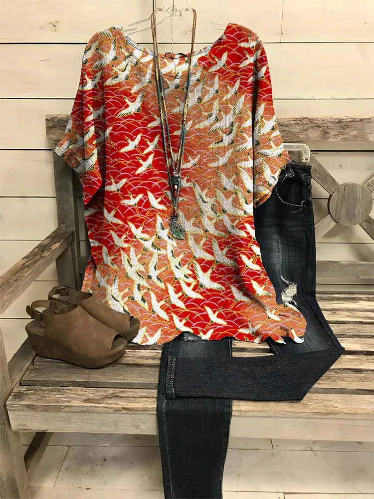 Women's Vintage Red-Crowned Crane Print Casual Top
