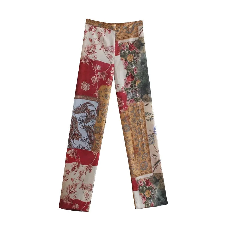 KPYTOMOA Women 2021 Chic Fashion Patchwork Print Wide-leg Pants Vintage High Waist Waist Side Pockets Female Trousers Mujer