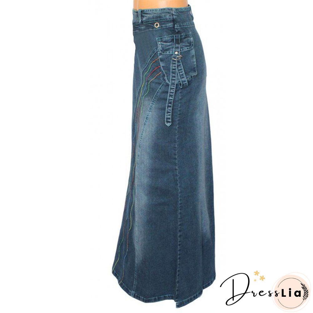 Women Fashion Casaul Stretch Cargo Denim Skirt Bell Skirt Floor Length Washed Denim Jeans Skirt Plus Size
