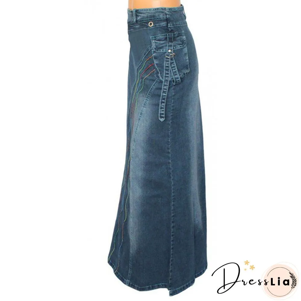 Women Fashion Casaul Stretch Cargo Denim Skirt Bell Skirt Floor Length Washed Denim Jeans Skirt Plus Size