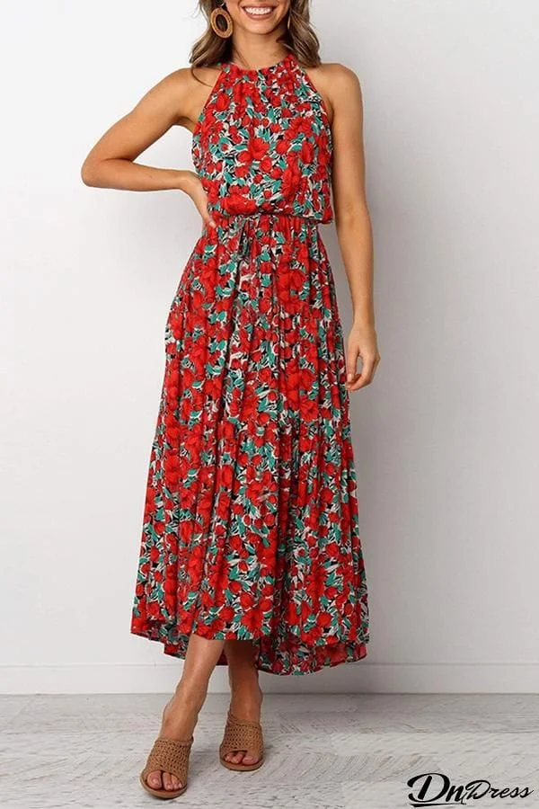 Bohemian Floral Print Halter Maxi Dress