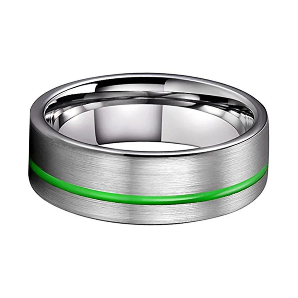 Thin Green Grooved Brushed Finish Gray Tungsten Carbide Mens Ring