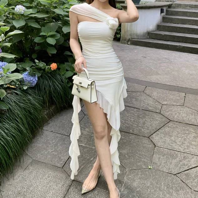 White Irregular Ruffle Tube Top Bodycon Dress
