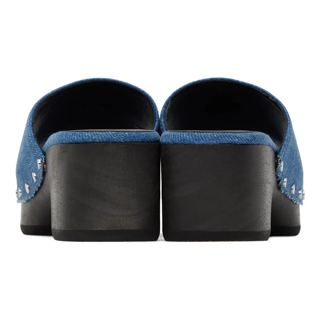 Blue Denim Chunky Heel Open Toe Studded Platform Mules Sandals