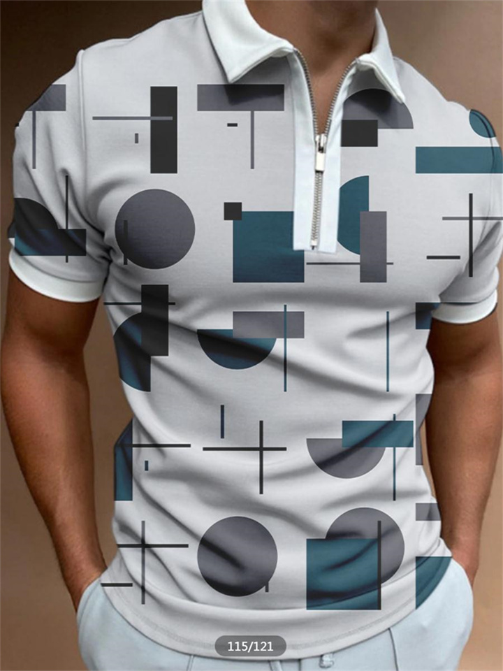 Bar Graph 3D Printing Short-sleeved Casual Slim Lapel Zipper Paragraph Trend POLO Shirt Men