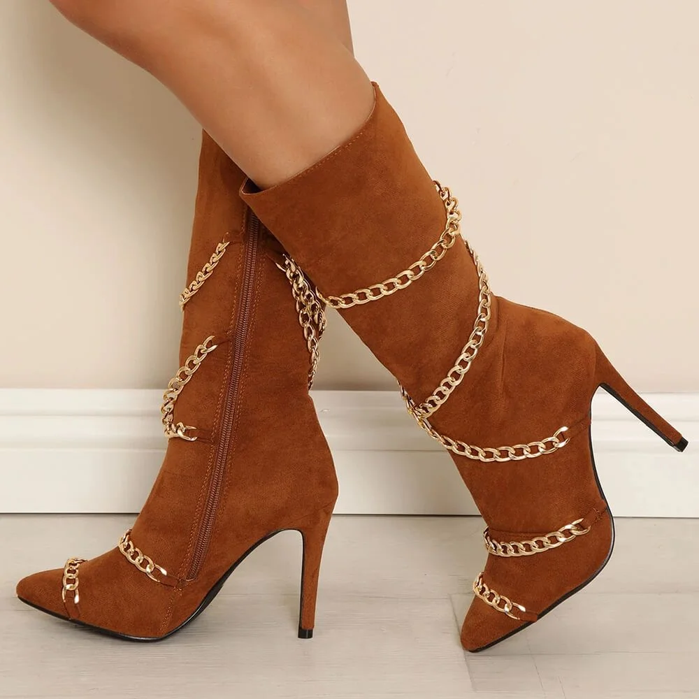 Brown Pointed Toe Vegan Suede Chain Stiletto Side Zip Mid-Calf Boots Nicepairs