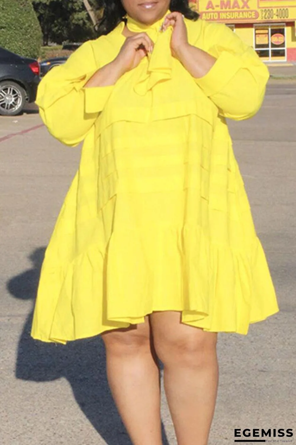 Yellow Casual Solid Patchwork Flounce V Neck Princess Plus Size Dresses | EGEMISS