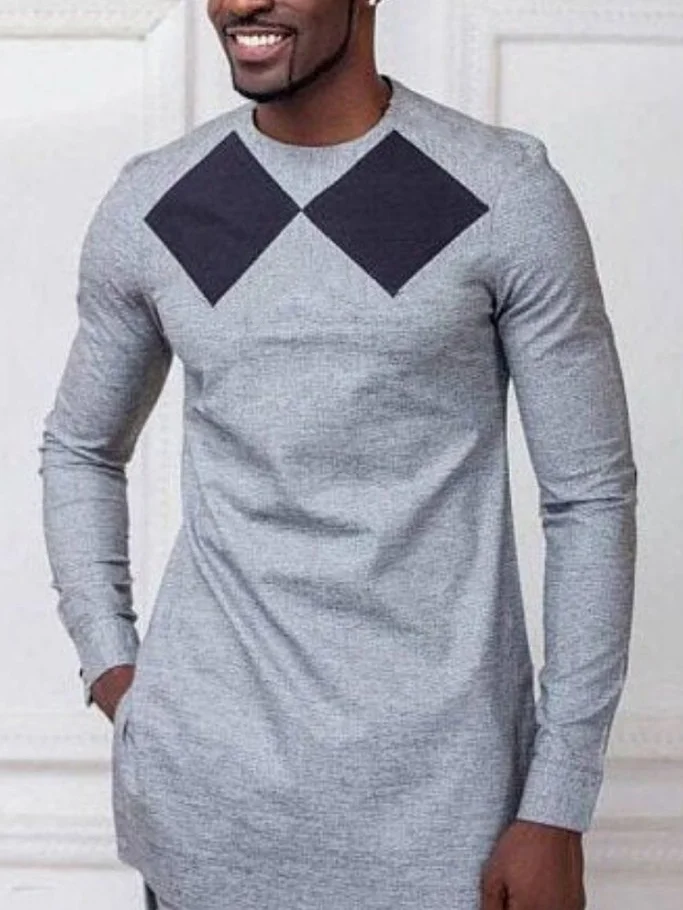 Men's casual black and grey printed long-sleeve top