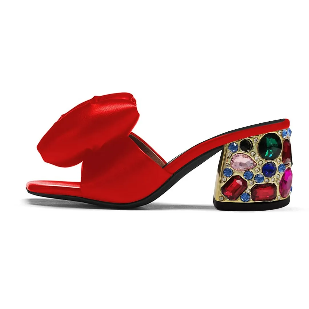 Red Faux Leather Cute Bow Slip On Rhinestone Mules for Women