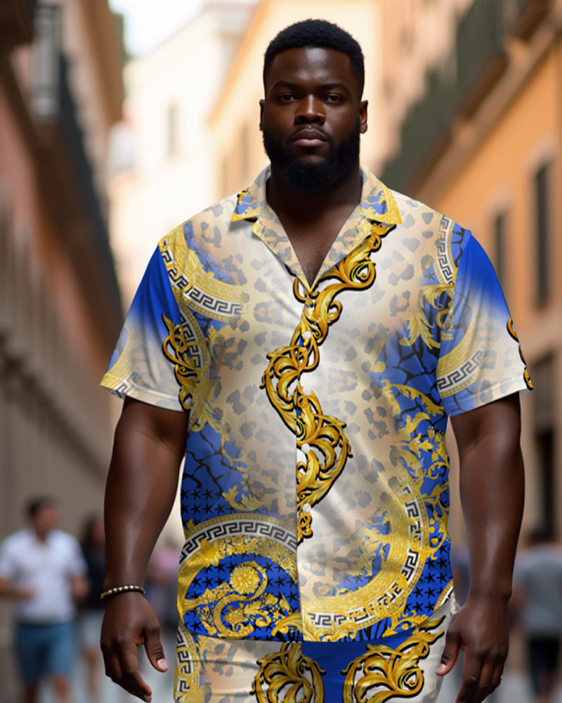 Men's Plus Size Baroque Luxury Leopard Print Blue Textured Casual Cuban Collar Short Sleeve Shirt Shorts Suit