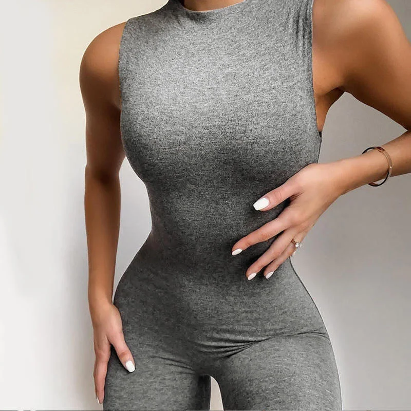 Fashion Women Casual Solid Sleeveless Jumpsuits Sporty Workout Active Wear 2020 Summer Womens Rompers Skinny Jumpsuits