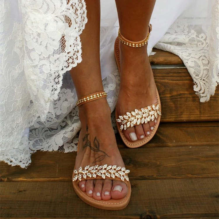 Tan Bridal Sandals Ankle Strap Rhinestone Flat Sandals |FSJ Shoes