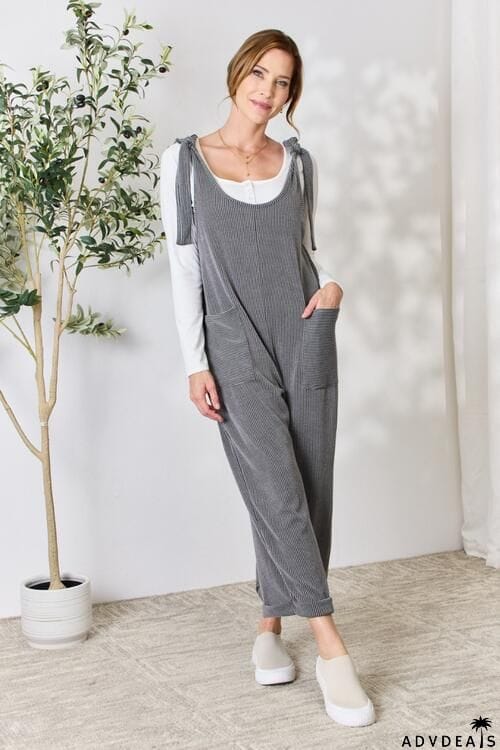 Celeste Full Size Ribbed Tie Shoulder Sleeveless Ankle Overalls