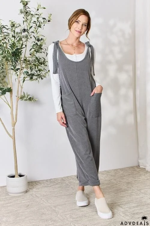 Celeste Full Size Ribbed Tie Shoulder Sleeveless Ankle Overalls