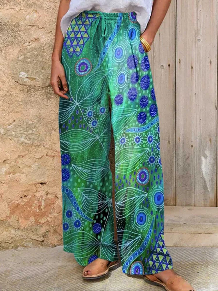 Women's Abstract Pattern Art Printed Cotton And Linen Casual Pants