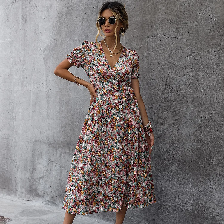 Chic Summer Print Floral V Neck Casual High Waist Slit Midi Dress