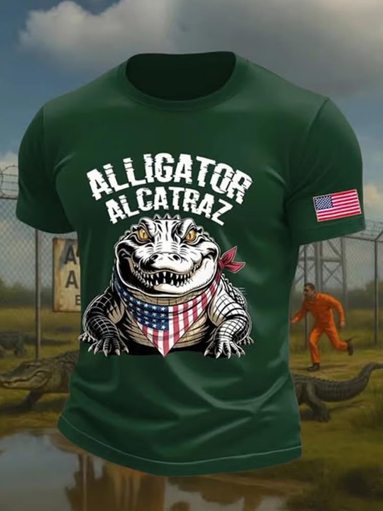 Comstylish Men's Retro Alligator Alcatraz Funny Florida Everglades Dark Humor Short Sleeve Tee