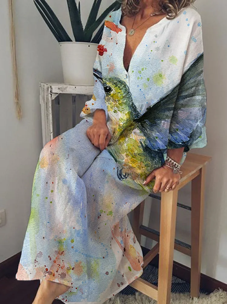 Hummingbird Print  V- Neck Long Sleeve Casual Dress-Mayoulove