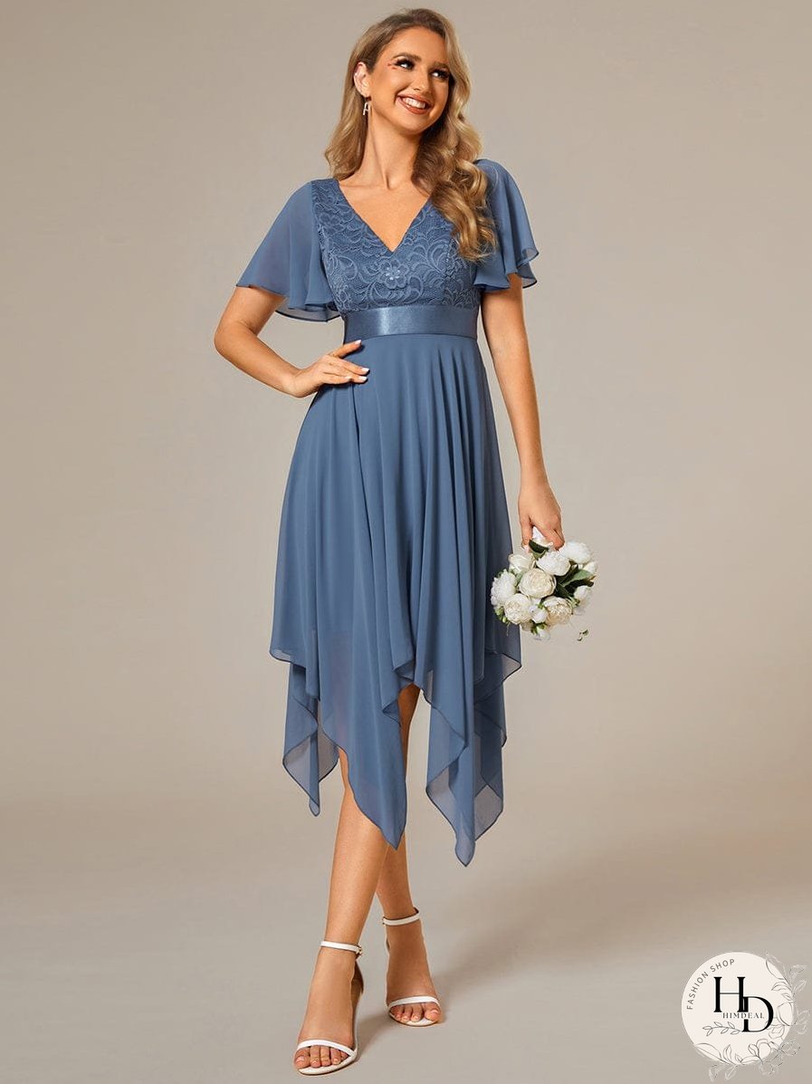 V-Neck Asymmetrical Dress with Short Sleeves