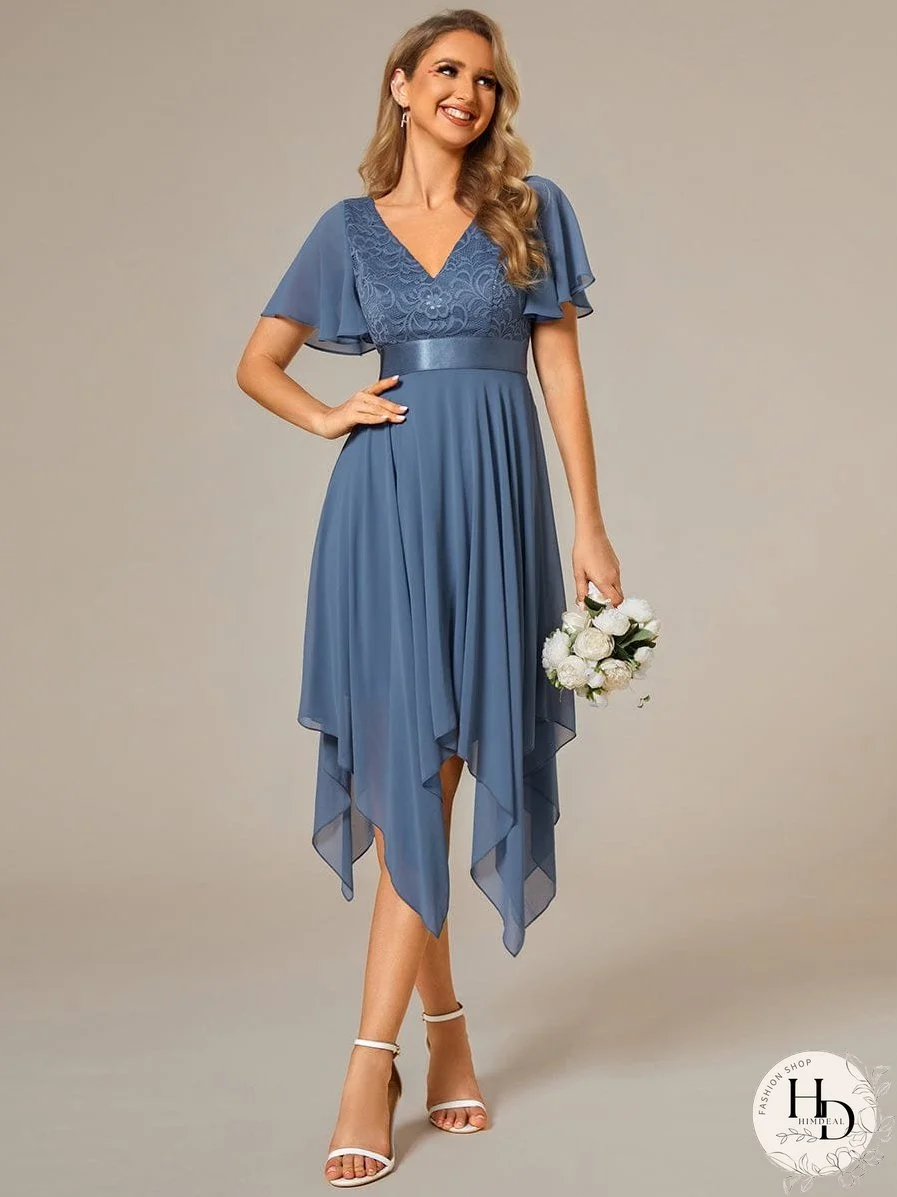 V-Neck Asymmetrical Dress with Short Sleeves