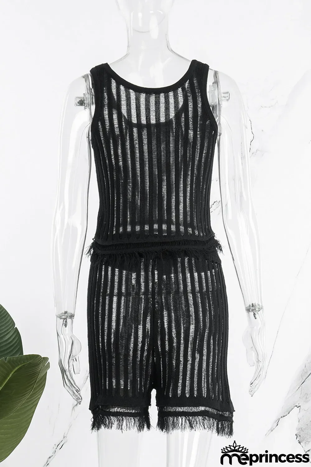 Black Casual Solid Backless O Neck Sleeveless Two Pieces