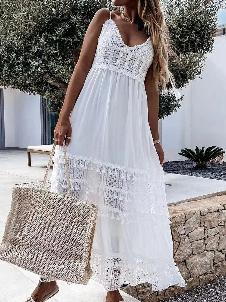 Women Elegant V Neck Embroidery Lace Beach Dress Summer Sexy Sleeveless Tassel Long Dress Ladies Fashion Backless Party Dresses