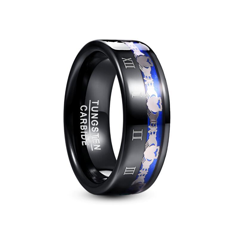8mm Black Roman Numeral Inlay Tungsten Carbide Rings Men's Wedding