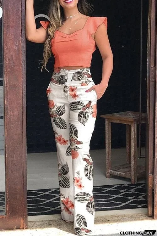 Ruffles Crop Top Straight Leg Pants Set