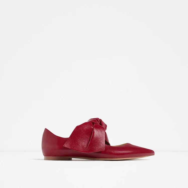 Red Bow Pointed Toe Comfortable Flat Shoes Vdcoo