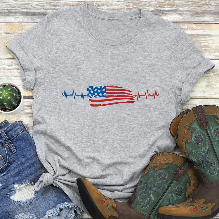 Heartbeat America Flag Round Neck T-shirt-018223