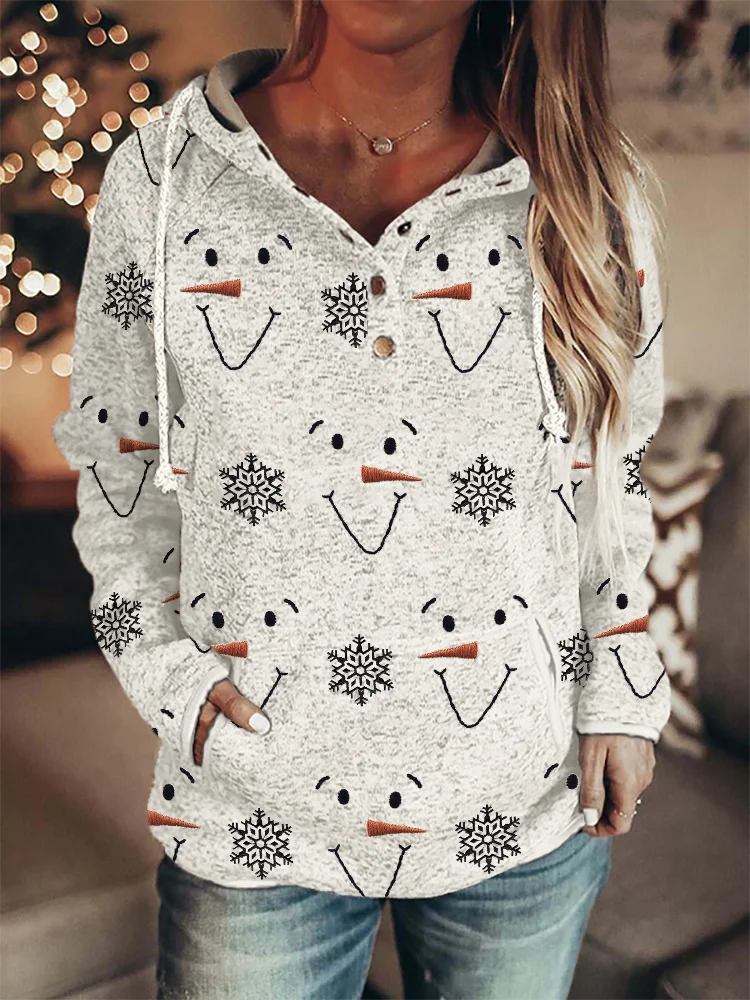 Snowman Faces & Snowflakes Embroidery Pattern Button Up Hoodie