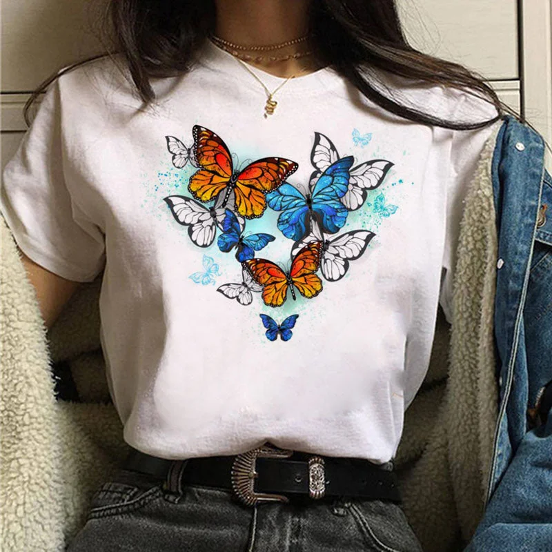 Women Red and Black Butterfly Fashion T Shirt Girl Harajuku Korean Style Graphic Tops Valentine's Day Female T-shirt,Drop Ship