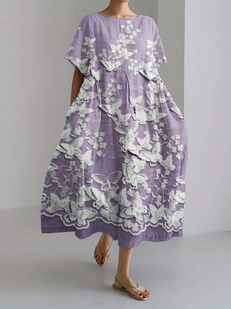 Butterflies Floral 3D Embroidered Lace Linen Blend Maxi Dress