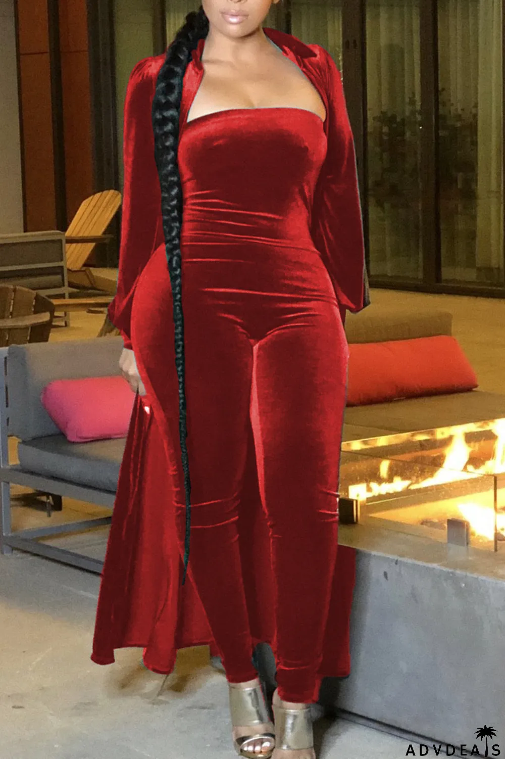 Red Casual Solid Peter Pan Collar Long Sleeve Two Pieces