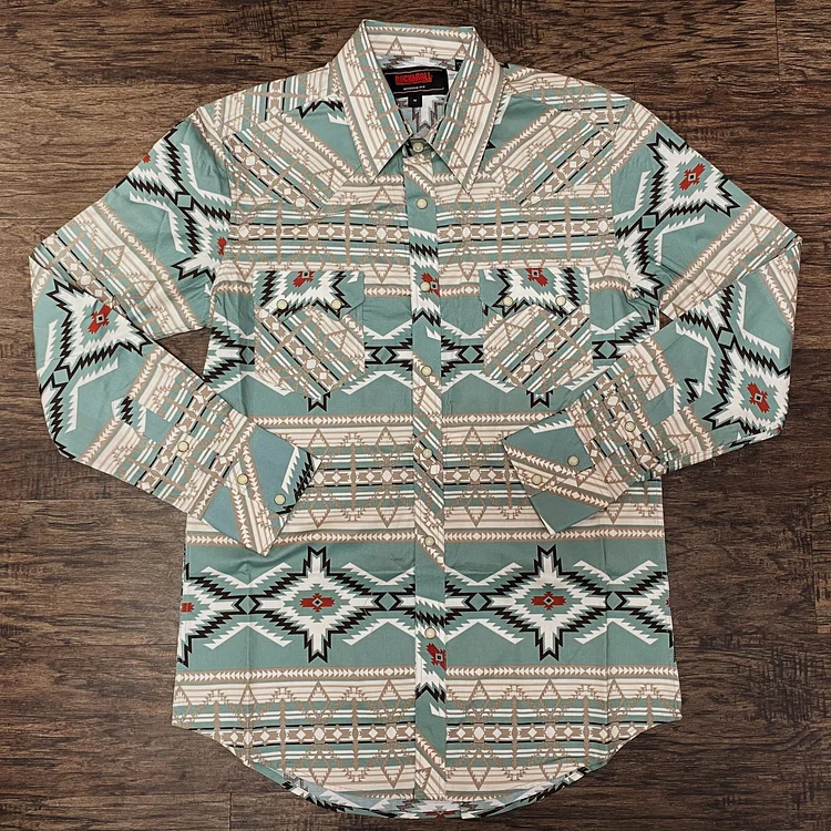 Rock & Roll: Slim Fit Tan Aztec Aqua Cream Woven Snap Shirt