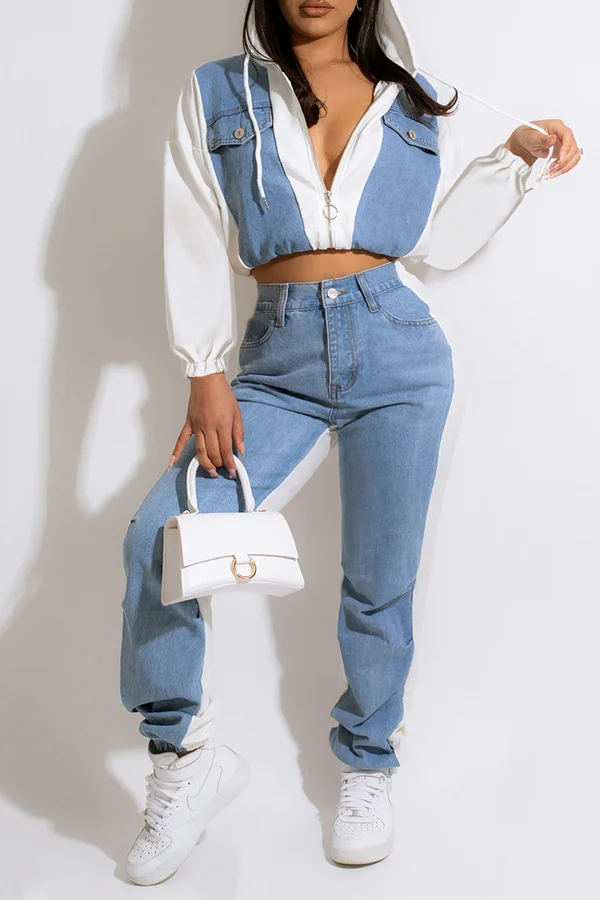 Casual Denim Patchwork Hoodie Suit