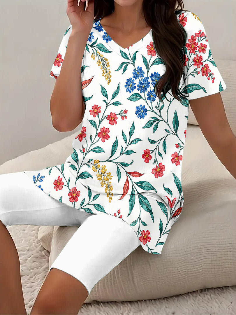 Women Long Sleeve V-neck Graphic Floral Printed Top