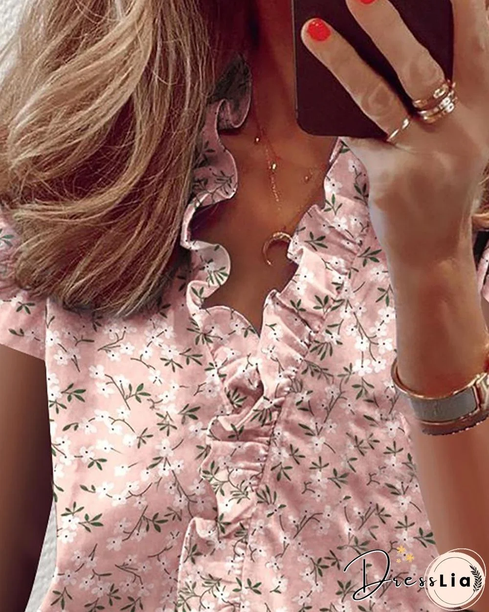 Print Short Sleeve Ruffles Casual Blouse P14177