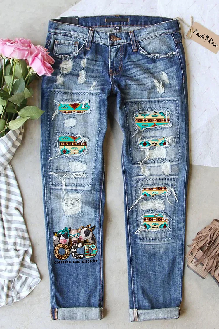 OCD Obsessive Cow Disorder Western Print Ripped Jeans
