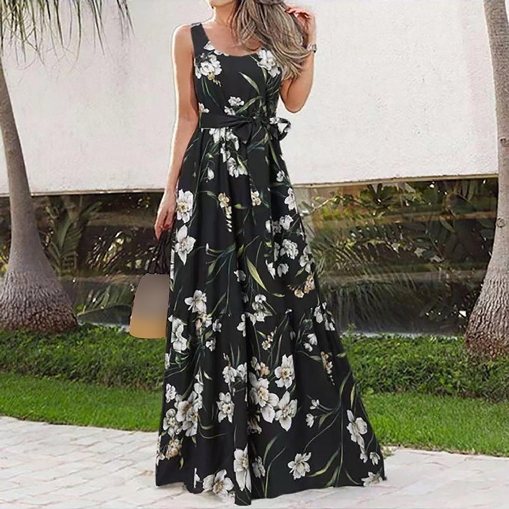 Trendy Boho Casual O Neck Loose Tunic Waist Swing Print Pleats Maxi Dress