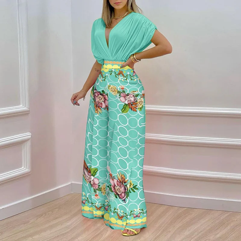 Brownm Brownm Women's Fall New Temperament V-Neck Print Wide-Leg Pants Fashion Casual Suit 661