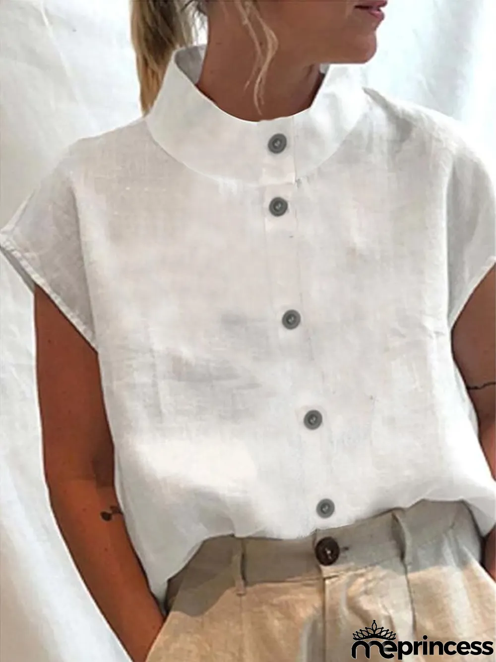 Solid Color Half Turtleneck Button Down Casual Shirt