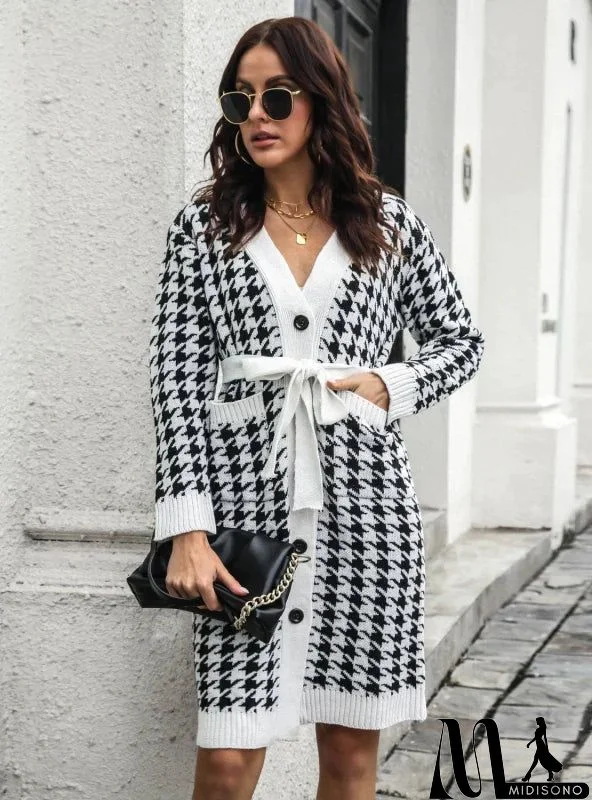 CARDIGAN HOUNDSTOOTH SINGLE-BREASTED KNITTED DRESS