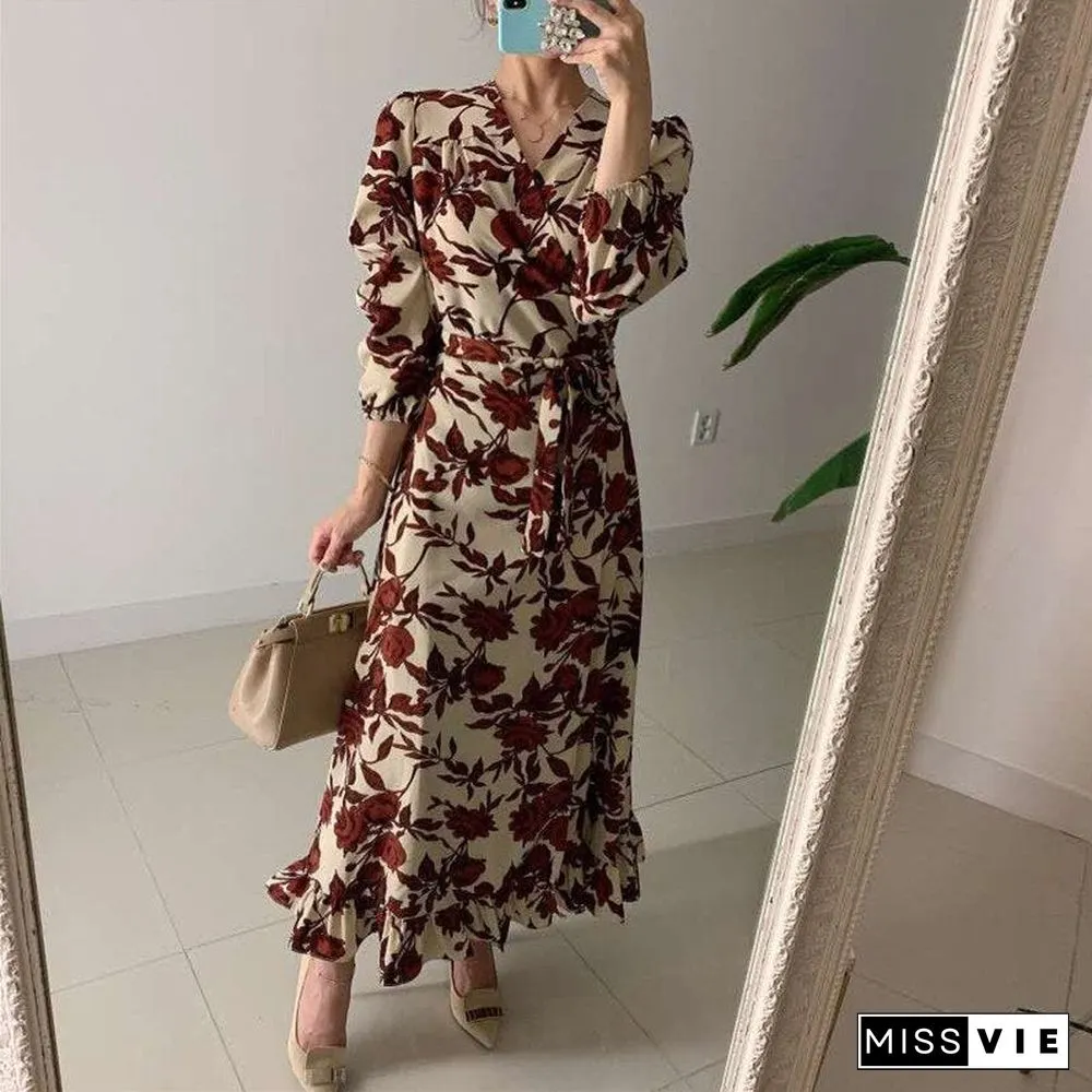 retro chic floral print elegant long dress outgoing spring women's dress all-match sweet embroidery mermaid new arrivals