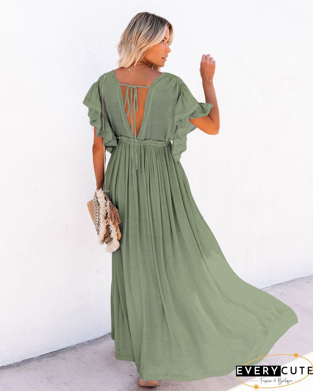Off Shoulder Hem Split Ruffle Maxi Dress